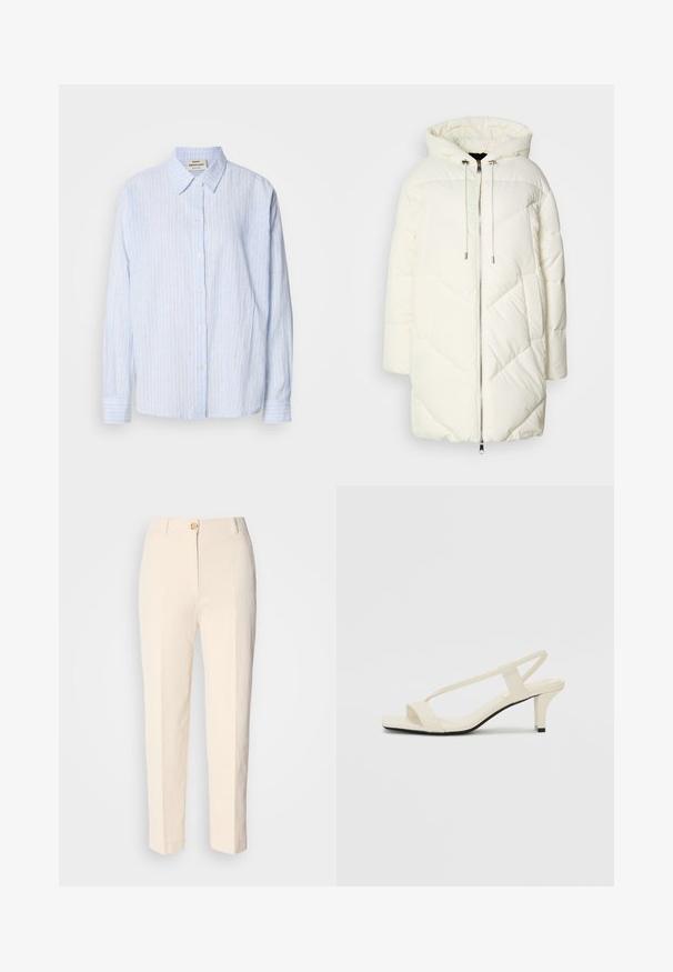 Biała kurtka puchowa z kapturem, z pikowanym wzorem w romby, z zamkiem błyskawicznym z przodu oraz sznureczkami. Gładka tekstura i luźny krój.; Jasnoniebieska, pasiasta koszula z guzikami z klasycznym kołnierzykiem, długimi rękawami i luźnym krojem, z wąskimi pionowymi paskami w kontrastowych kolorach.; Kremowe, wysokie spodnie wykonane z teksturowanej tkaniny. Posiadają zapięcie na guzik z przodu oraz zwężające się nogawki.; Beżowe sandały na blokowym obcasie z cienkimi ramiączkami i kwadratowym noskiem. Gładki materiał z minimalną ilością detali, zaprojektowane z myślą o łatwym zakładaniu.