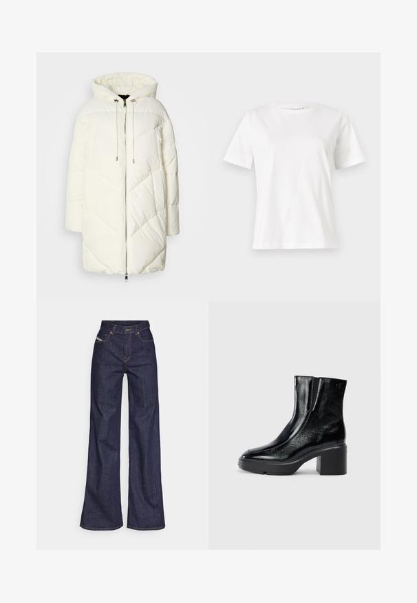 Bela puhvasta jakna s kapuco, z ugradenim romboidnim vzorcem, z zadrgo spredaj in vrvicama. Gladka tekstura in sproščen kroj.; Bela bombažna majica s kratkimi rokavi, okroglo izrezana in ohlapnega kroja. Gladka tekstura, brez vzorcev ali dodatkov, minimalističen dizajn.; Temno modri široki kavbojke iz denima z visokim pasom, ki imajo oranžne šive, pet žepov in gumba za zapiranje.; Črne lakirane gležnjarje z ukrivljenim nosom, elastičnimi stranskimi paneli in debelim blokastim peto. Imajo vtisnjen logotip na zadnjem delu.