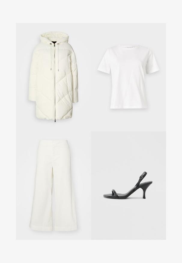 White puffer jacket with a hood, featuring a quilted diamond pattern, front zipper closure, and drawstrings. Smooth texture and relaxed fit.; White cotton t-shirt with short sleeves, round neckline, and a relaxed fit. Smooth texture, no patterns or accents, minimalistic design.; White wide-leg trousers made from lightweight fabric, featuring a high waist and stitched details, offering a relaxed fit and clean lines.; Black leather high-heeled sandals with a slim, curved heel and a crossed strap design. Adjustable ankle strap. Smooth texture.
