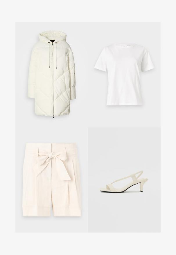 Valge puffjope kapuutsiga, millel on suretatud teemantmuster, esine lukuga sulgemine ja kummutustega. Sile tekstuur ja vabalt voolav lõige.; Valge puuvillane T-särk lühikeste varrukatega, ümmarguse kaelusega ja vabalt istuv. Sile tekstuur, ilma mustrite ja aktsentideta, minimalistik disain.; Bežid kõrgemad lühikesed püksid, mis on koos sidumisrinnahaga, volditud disainiga ja kergete kraeäärtega. ; Beez blok-kandadesed õhukeste rihmadega ja ruudukujulise varbaga. Sile materjal minimaalsete detailidega, kujundatud mugavaks kandmiseks.