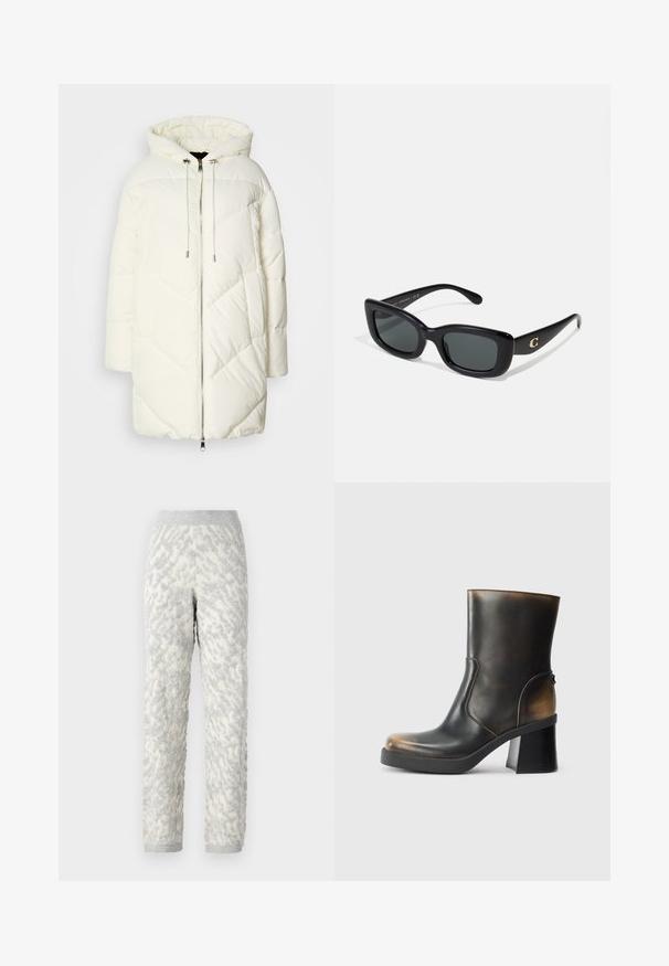 White puffer jacket with a hood, featuring a quilted diamond pattern, front zipper closure, and drawstrings. Smooth texture and relaxed fit.; White cotton t-shirt with short sleeves featuring a minimalist, embroidered yellow popsicle graphic on the left chest area.; Textured lounge pants in ivory with gray patterns, featuring a soft fabric, elastic waistband, and ribbed cuffs.; Black leather ankle boot with a glossy finish, rounded toe, contrasting tan accents, a block heel, and a side zipper detail.; Black rectangular sunglasses with dark lenses, made of smooth plastic. Features a gold logo accent on one arm.
