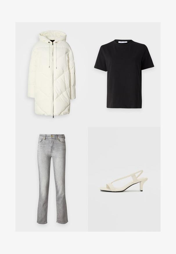 Bílá péřová bunda s kapucí, s prošívaným diamantovým vzorem, předním zipem a stahovacími šňůrkami. Hladká textura a volný střih.; Černé tričko s krátkým rukávem vyrobené z měkké bavlny, s kulatým výstřihem, volným střihem a hladkým povrchem. Žádné viditelné vzory ani grafika.; Šedé džíny z denimu se rovnou nohavicí, s předním zapínáním na knoflík, pěti kapsami a jemným vyblednutím pro texturu.; Krémové sandály na bloku s tenkými popruhy a čtveratou špičkou. Hladký materiál s minimálními detaily, navržené pro snadné nošení.