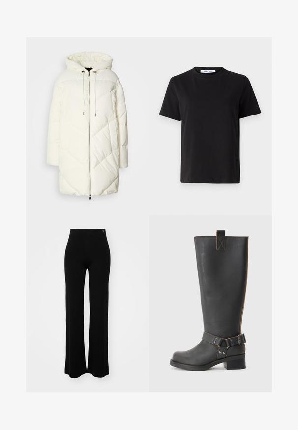Bela puhvasta jakna s kapuco, z ugradenim romboidnim vzorcem, z zadrgo spredaj in vrvicama. Gladka tekstura in sproščen kroj.; Črna majica s kratkimi rokavi iz mehkega bombaža, ki ima okroglo izrezovanje, udoben kroj in gladko teksturo. Brez vidnih vzorcev ali grafike.; Črne rebraste hlače širokega kroja z visokim pasom. Gladka tekstura, minimalističen oblikovanje in subtilna oznaka blizu pasu.; Črne usnjene škornje do kolen z teksturirano obdelavo, ki imajo stranski sponko in nizko peto. Podrobno šivanje po šivih.