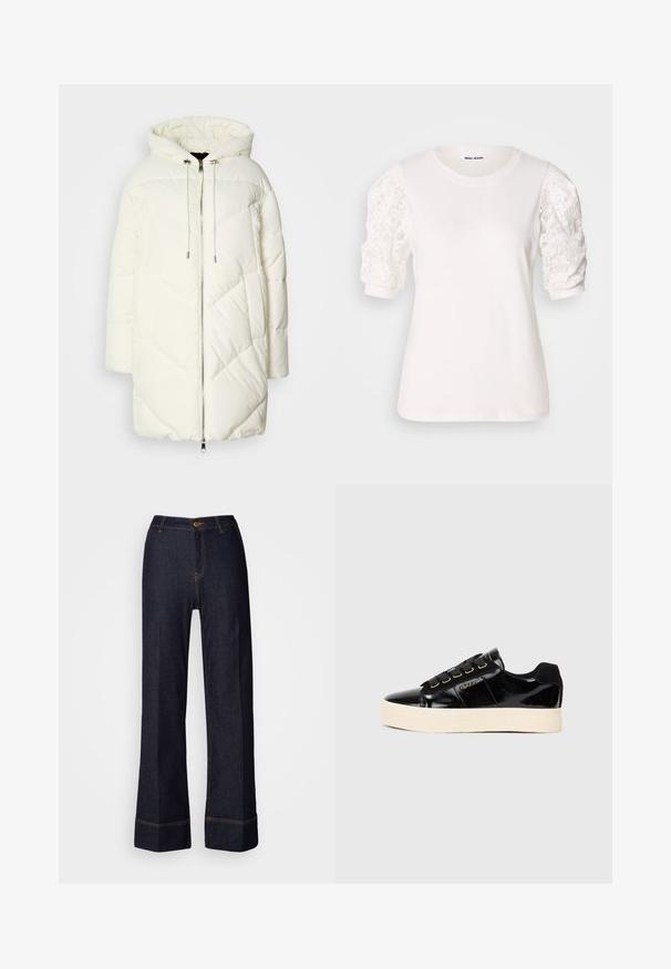 Fehér pufi dzseki kapucnival, steppelt gyémántmintával, elöl cipzárral és húzózsinórokkal. Sima felszín és laza szabás.; Fehér, rövid, puffos ujjú csipkeborítású póló. Kerek nyakkivágás, puha tapintás és enyhén bő szabás. A márkajelzés a belsejében látható.; Sötét farmer széles lábú nadrág magas derékkal, elülső gombzárral és narancs varrású díszítéssel. Simává tengej átfogás.; Fekete patkó bőr sportcipők lapos krém színű talppal. Fekete fűzőkkel, arany szemekkel és logó részlet az oldalon. Lekerekített orrformával.