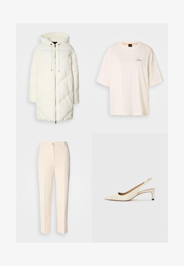 Hvit puffjakke med hette, med et quiltet diamantmønster, frontlukking med glidelås og snorer. Jevn tekstur og avslappet passform.; Hvit oversized T-skjorte laget av myk stoff, med rund hals og korte ermer, med en liten svart "Boss" logo på fronten.; Kremfargede, høy-taljede bukser laget av teksturert stoff. Har lukking med frontknapp og avsmalnende ben.; Sko med spiss tå og slingback i off-white skinn, med lav hæl og utskårent design, med en glatt tekstur og minimale detaljer.