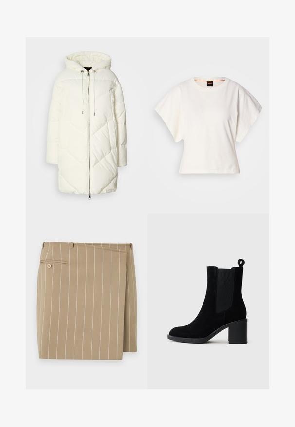 Casaco puffer branco com capuz, apresentando um padrão de diamante acolchoado, fecho frontal com zíper e cordões. Textura suave e ajuste solto.; T-shirt branco cropped, mangas curtas e largas, material de algodão suave, decote redondo com um discreto acabamento laranja, design minimalista, sem padrões ou gráficos.; Saia bege com riscas brancas verticais, feita de um tecido texturizado. Apresenta um flap frontal e um bolso traseiro com um detalhe de botão.; Bota de tornozelo em camurça preta com um salto robusto, painéis laterais elásticos e uma alça. Textura suave e design de bico arredondado.
