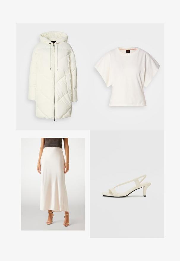 Biała kurtka puchowa z kapturem, z pikowanym wzorem w romby, z zamkiem błyskawicznym z przodu oraz sznureczkami. Gładka tekstura i luźny krój.; Biała, krótka koszulka z szerokimi rękawami, wykonana z miękkiej bawełny, okrągły dekolt z delikatnym pomarańczowym wykończeniem, minimalistyczny design, bez wzorów i grafik.; Kremowa satynowa długa spódnica o gładkiej fakturze, usytuowana w talii, z bocznym rozcięciem, zestawiona ze złotymi sandałami na wysokim obcasie z paskami.; Beżowe sandały na blokowym obcasie z cienkimi ramiączkami i kwadratowym noskiem. Gładki materiał z minimalną ilością detali, zaprojektowane z myślą o łatwym zakładaniu.