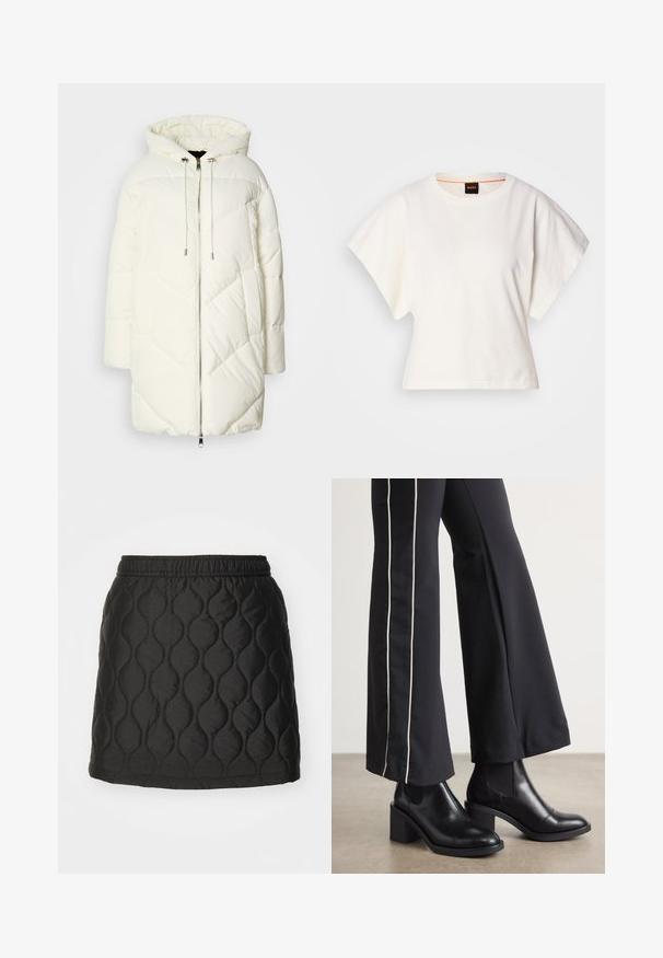 Balts pūkains jaka ar kapuci, ar izšūtu dimanta rakstu, priekšējo rāvējslēdzēju un auklām. Gluda tekstūra un brīva piegrieztne.; Balts īsais T-krekls, plašas īsas piedurknes, mīksts kokvilnas materiāls, apaļa kakla izgriezums ar delikātu oranžu apdari, minimāls dizains, bez rakstiem vai grafikām.; Melnās kviltētās svārki ar viļņa rakstu, elastīgu jostasvietu un gludu, spīdīgu tekstūru. Vidēja garuma svārki līdz vidussēžam, bez redzamām detaļām.; Melnas ādas potīšu zābaki ar blokveida papēdi, aprīkoti ar elastīgām sānu paneļiem. Kombinēti ar melniem biksēm, kuru sānos ir baltas svītras.