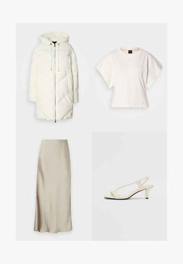 Witte pufferjack met capuchon, voorzien van een gewatteerd ruitpatroon, sluiting met een ritssluiting aan de voorkant en koordjes. Glad materiaal en een relaxte pasvorm.; Witte gecropte T-shirt, korte brede mouwen, zachte katoenmaterialen, ronde halslijn met subtiele oranje rand, minimalistisch ontwerp, geen patronen of graphics.; Een lange, lichtbeige rok van soepel stof heeft een subtiele glans en een flared zoom, wat zorgt voor een strakke, minimalistische uitstraling.; Beige blockhak sandalen met dunne bandjes en een vierkante neus. Glad materiaal met minimale details, ontworpen voor eenvoudig dragen.