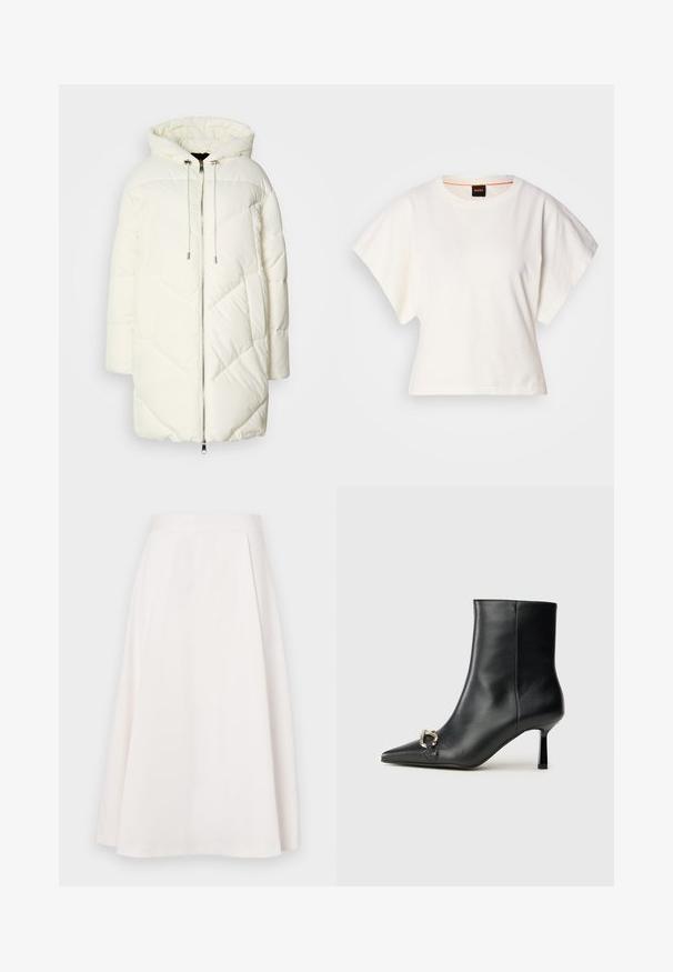 Bijela puffer jakna s kapuljačom, s prepoznatljivim romboidnim uzorkom, zatvaranjem na prednjem dijelu pomoću patent zatvarača i užadi. Glatka tekstura i opušteni kroj.; Bijeli skraćeni T-shirt, široke kratke rukave, mekani pamučni materijal, okrugli izrez s suptilnim narančastim detaljem, minimalistički dizajn, bez uzoraka ili grafika.; Suknja A-linije do koljena, bijela i izrađena od glatkog materijala, sa ravnim pojasom i suptilnim nabranjima koja dodaju oblik i pokret.; Crne kožne gležnjače s nazupčanim prstom, uskim srednje visokim potpeticama i detaljem srebrne kopče sa strane na jedinstvenoj pozadini.