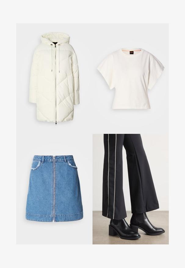 Casaco puffer branco com capuz, apresentando um padrão de diamante acolchoado, fecho frontal com zíper e cordões. Textura suave e ajuste solto.; T-shirt branco cropped, mangas curtas e largas, material de algodão suave, decote redondo com um discreto acabamento laranja, design minimalista, sem padrões ou gráficos.; Saia de ganga azul claro com fecho na frente, bordas dos bolsos desfiadas e um corte reto. A bainha é ligeiramente curva.; Botas de tornozelo em couro preto com um salto bloco, apresentando painéis laterais elásticos. Combinadas com calças pretas que têm uma faixa lateral branca.