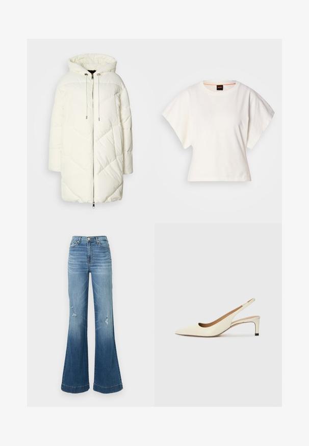 White puffer jacket with a hood, featuring a quilted diamond pattern, front zipper closure, and drawstrings. Smooth texture and relaxed fit.; White cropped T-shirt, short wide sleeves, soft cotton material, round neckline with subtle orange trim, minimal design, no patterns or graphics.; Blue denim flared jeans with high waist, visible stitching, and distressed details near the knees. Flares widen from knee to hem.; Pointed-toe slingback shoe in off-white leather, featuring a low heel and cut-out design with a smooth texture and minimal accents.