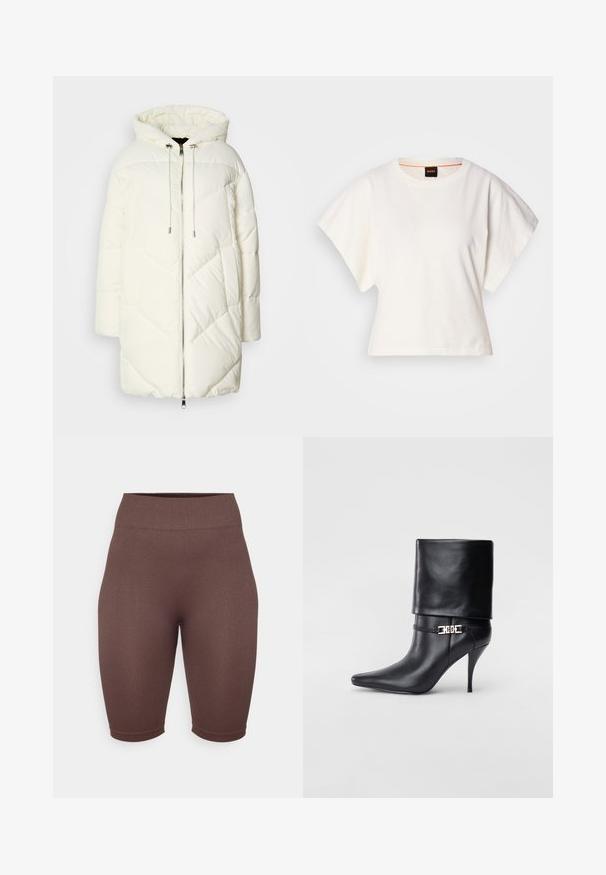 Balta pūkinė striukė su gobtuvu, su siuvinėtu deimantiniu raštu, priekinis užtrauktukas ir virvutės. Lygus paviršius ir laisvas fasonas.; Baltas trumpas marškinėliai, plačios trumpomis rankovėmis, minkšta medvilnė, apvali kaklo iškirptė su subtiliu oranžiniu apvadu, minimalus dizainas, be raštų ar grafikų.; Rudos raštuoti dviračių šortai su aukštu juosmeniu, pagaminti išElastingos medžiagos, turinčios lygų paviršių ir prigludusią formą.; Juodos odinės kulkšninių botų su smailiu nosiu, aukštu stiletto kulnu, apvyniojamu kraštu ir auksine dekoratyvine sagtimi prie kulkšnies.