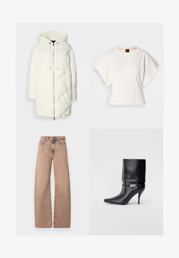 Casaco puffer branco com capuz, apresentando um padrão de diamante acolchoado, fecho frontal com zíper e cordões. Textura suave e ajuste solto.; T-shirt branco cropped, mangas curtas e largas, material de algodão suave, decote redondo com um discreto acabamento laranja, design minimalista, sem padrões ou gráficos.; Jeans de perna larga castanho-claro feitos de denim, com uma cintura clássica, design de cinco bolsos e textura desbotada.; Bota de tornozelo em couro preto com bico fino, alto salto stiletto, punho dobrado e detalhe decorativo em fivela dourada no tornozelo.