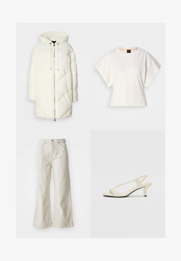 Vit puffjacka med huva, med ett kviltat diamantmönster, dragkedjestängning fram och snoddar. Slät textur och avslappnad passform.; Vit kortärmad T-shirt, korta vida ärmar, mjukt bomullsmaterial, rund halsringning med subtila orange detaljer, minimal design, inga mönster eller grafik.; Höga, vida byxor gjorda av krämfärgad denim. Har dubbla framfickor och sömmar med detaljer längs sömmarna.; Beige blockklackade sandaler med tunna remmar och fyrkantig tå. Slätt material med minimal detaljering, utformade för enkel användning.