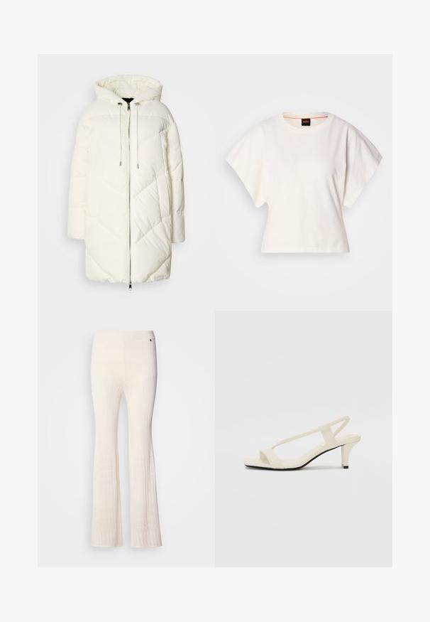 White puffer jacket with a hood, featuring a quilted diamond pattern, front zipper closure, and drawstrings. Smooth texture and relaxed fit.; White cropped T-shirt, short wide sleeves, soft cotton material, round neckline with subtle orange trim, minimal design, no patterns or graphics.; Ribbed, cream-colored knit pants with flared legs and a textured lace pattern at the lower hem. Soft material with a fitted waistband.; Beige block-heeled sandals with thin straps and a square toe. Smooth material with minimal detailing, designed for easy wear.