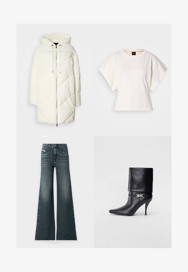 Doudoune blanche avec capuche, présentant un motif losange matelassé, fermeture éclair à l'avant et cordons de serrage. Texture lisse et coupe décontractée.; T-shirt blanc cintré, manches courtes et larges, en coton doux, décolleté rond avec une discrète bordure orange, design minimaliste, sans motifs ni graphiques.; Jeans larges en denim bleu foncé avec une texture légèrement délavée, dotés de poches avant et d'une fermeture à bouton à la taille.; Bottine en cuir noir avec un bout pointu, un haut talon aiguille, un revers, et un détail décoratif en boucle dorée au niveau de la cheville.