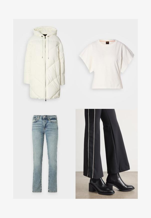 Casaco puffer branco com capuz, apresentando um padrão de diamante acolchoado, fecho frontal com zíper e cordões. Textura suave e ajuste solto.; T-shirt branco cropped, mangas curtas e largas, material de algodão suave, decote redondo com um discreto acabamento laranja, design minimalista, sem padrões ou gráficos.; Denim azul claro com um design de perna reta, estilo de cinco bolsos e desvanecimento sutil. Apresenta um fecho de botão metálico e zíper.; Botas de tornozelo em couro preto com um salto bloco, apresentando painéis laterais elásticos. Combinadas com calças pretas que têm uma faixa lateral branca.