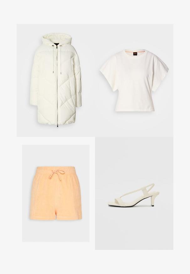 White puffer jacket with a hood, featuring a quilted diamond pattern, front zipper closure, and drawstrings. Smooth texture and relaxed fit.; White cropped T-shirt, short wide sleeves, soft cotton material, round neckline with subtle orange trim, minimal design, no patterns or graphics.; Peach-colored terry cloth shorts with an elastic waistband and drawstring. Features a soft texture and relaxed fit.; Beige block-heeled sandals with thin straps and a square toe. Smooth material with minimal detailing, designed for easy wear.
