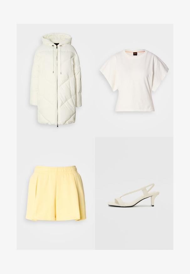 Balts pūkains jaka ar kapuci, ar izšūtu dimanta rakstu, priekšējo rāvējslēdzēju un auklām. Gluda tekstūra un brīva piegrieztne.; Balts īsais T-krekls, plašas īsas piedurknes, mīksts kokvilnas materiāls, apaļa kakla izgriezums ar delikātu oranžu apdari, minimāls dizains, bez rakstiem vai grafikām.; Dzelteni plekti piecreizēti šorti, kas izgatavoti no mīksta auduma; elastīga jostasvieta; vaļīga piegriezums; gluda tekstūra; vidējas augstuma garums.; Beige bloku papēžu sandales ar plānām siksnām un kvadrāta formas purngalu. Gluda materiāla virsma ar minimālām detaļām, paredzētas ērtai nēsāšanai.
