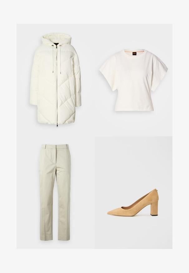 Weißer Pufferjacke mit Kapuze, ausgestattet mit einem gesteppten Rautenmuster, vorderem Reißverschluss und Kordelzügen. Glatte Textur und lockere Passform.; Weißes, kurzes T-Shirt, kurze weite Ärmel, weicher Baumwollstoff, runder Ausschnitt mit subtilen orangefarbenen Akzenten, minimales Design, keine Muster oder Grafiken.; Beige Baumwollhosen mit geraden Beinen, mittlerem Bundfalten und Gürtelschlaufen. Verfügt über zwei Seitentaschen und ein sauberes, maßgeschneidertes Finish.; Beige Wildleder-Pumps mit hohem Absatz, spitz zulaufend und mit einem klobigen Blockabsatz. Das Material hat eine weiche Textur mit einer glatten Oberfläche.