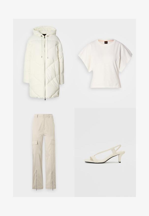 White puffer jacket with a hood, featuring a quilted diamond pattern, front zipper closure, and drawstrings. Smooth texture and relaxed fit.; White cropped T-shirt, short wide sleeves, soft cotton material, round neckline with subtle orange trim, minimal design, no patterns or graphics.; Beige cargo pants with a relaxed fit, featuring side pockets, zippered cuffs, and a smooth texture. Fabric is lightweight and durable.; Beige block-heeled sandals with thin straps and a square toe. Smooth material with minimal detailing, designed for easy wear.