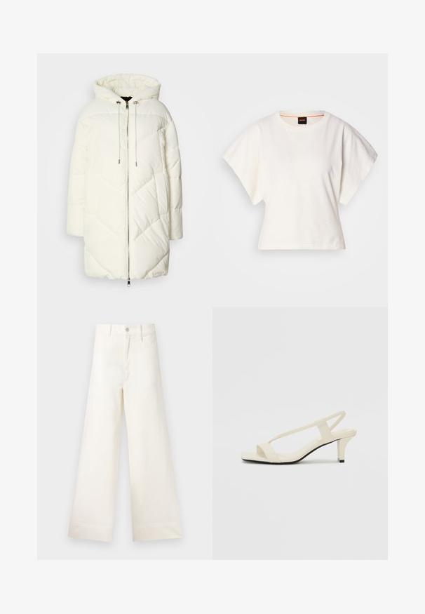 Hvid dunjakke med hætte, prydet med et quiltet diamantmønster, frontlynlås og snoretræk. Glat tekstur og afslappet pasform.; Hvid cropped T-shirt, korte brede ærmer, blødt bomuldsstof, rund halsudskæring med diskret orange kant, minimalistisk design uden mønstre eller grafik.; Bredde benbukser i lys beige bomuld. Har høj talje, for- og baglommer samt lige pasform. Renset kantafslutning uden mønstre.; Beige blokhælede sandaler med tynde remme og en firkantet tå. Glat materiale med minimal detaljering, designet til nem brug.