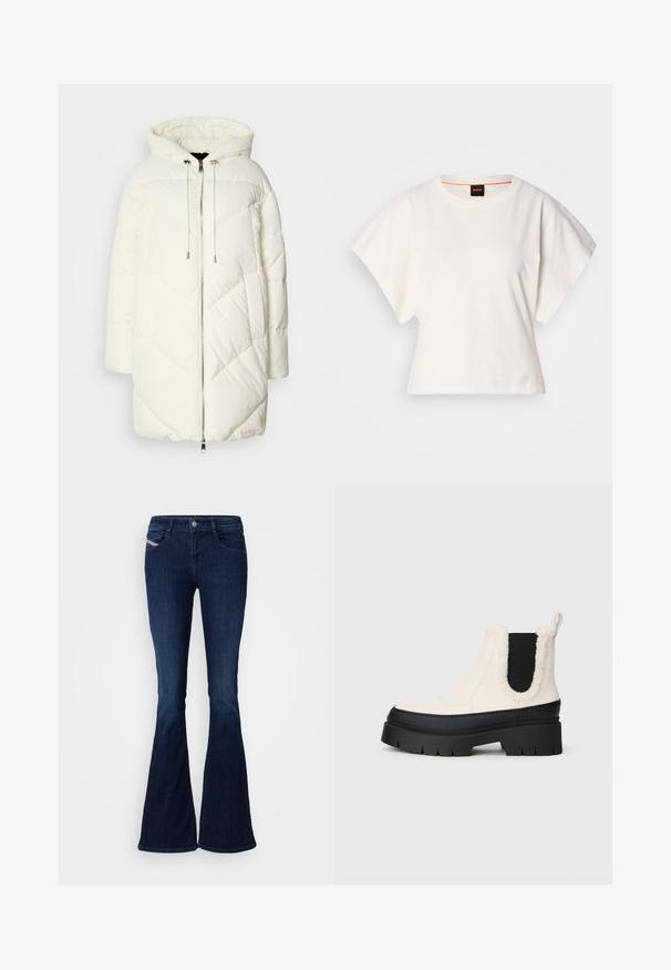 White puffer jacket with a hood, featuring a quilted diamond pattern, front zipper closure, and drawstrings. Smooth texture and relaxed fit.; White cropped T-shirt, short wide sleeves, soft cotton material, round neckline with subtle orange trim, minimal design, no patterns or graphics.; Dark blue flared jeans with a smooth denim texture, featuring front pockets, a button closure, and a subtle brand tag on the side.; Chunky platform ankle boots with a white upper, black rubber sole, and contrasting black elastic side panels. Faux fur trim at the top edge.
