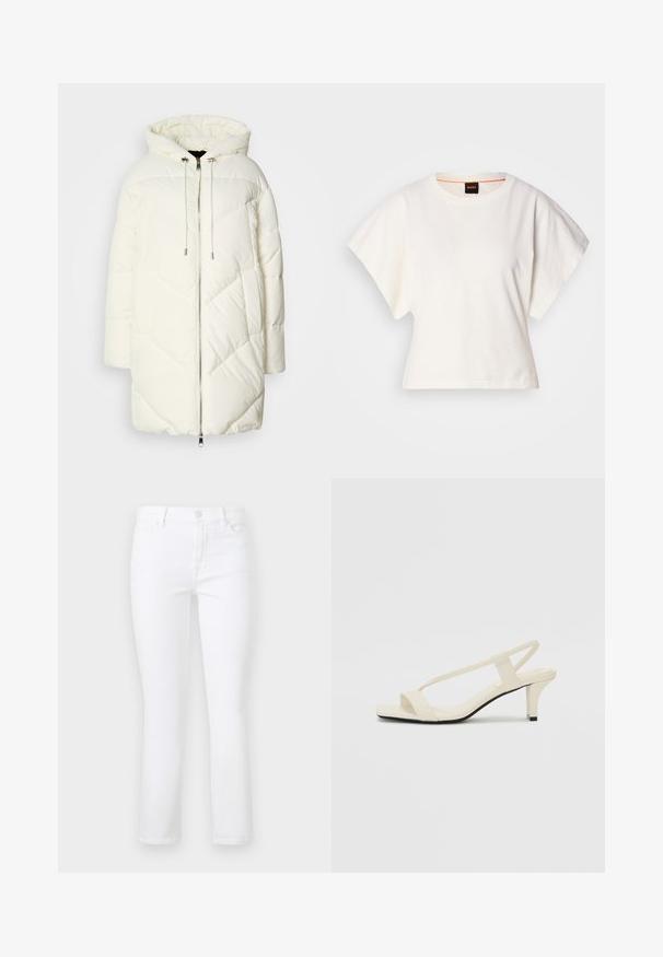 Valge puffjope kapuutsiga, millel on suretatud teemantmuster, esine lukuga sulgemine ja kummutustega. Sile tekstuur ja vabalt voolav lõige.; Valge lühikeste laiadte varrukatega lühike T-särk, pehme puuvillane materjal, ümar kaelus kergelt oranži ääristusega, minimaalne disain, ilma mustrite ja graafikateta.; Valged teksapüksid otse lõikega, nupuga kinnitusega, vöödega ja viie tasku disainiga. Sile tekstuur, ilma mustriteta.; Beez blok-kandadesed õhukeste rihmadega ja ruudukujulise varbaga. Sile materjal minimaalsete detailidega, kujundatud mugavaks kandmiseks.