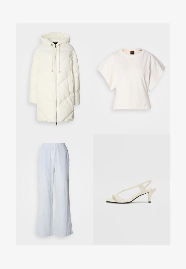 Balta pūkinė striukė su gobtuvu, su siuvinėtu deimantiniu raštu, priekinis užtrauktukas ir virvutės. Lygus paviršius ir laisvas fasonas.; Baltas trumpas marškinėliai, plačios trumpomis rankovėmis, minkšta medvilnė, apvali kaklo iškirptė su subtiliu oranžiniu apvadu, minimalus dizainas, be raštų ar grafikų.; Šviesiai mėlynos plataus kojų kelnės su vertikaliomis baltomis ir raudonomis juostelėmis. Yra elastinga juosmens juosta ir šoniniai kišenės. Lygus, medvilnės panašus audinys.; Kreminės blokų kulno šlepetės su plonomis dirželiais ir kvadratiniu pirštu. Lygus medžiaga su minimaliais akcentais, sukurtos lengvam dėvėjimui.