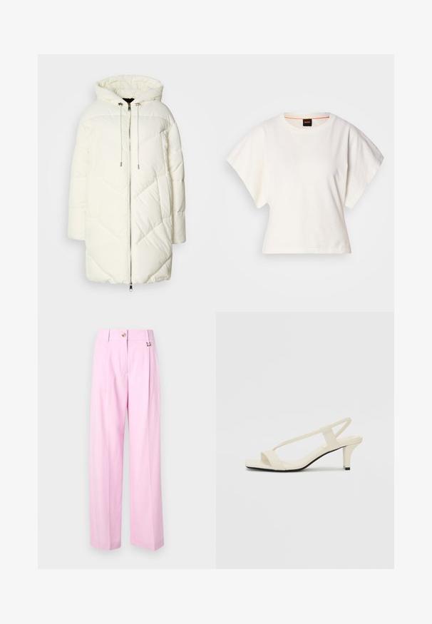 Vit puffjacka med huva, med ett kviltat diamantmönster, dragkedjestängning fram och snoddar. Slät textur och avslappnad passform.; Vit kortärmad T-shirt, korta vida ärmar, mjukt bomullsmaterial, rund halsringning med subtila orange detaljer, minimal design, inga mönster eller grafik.; Ljust rosa, vida byxor med veck framtill, knappstängning och en metallkrok som accent. Slät textur och minimalistisk design.; Beige blockklackade sandaler med tunna remmar och fyrkantig tå. Slätt material med minimal detaljering, utformade för enkel användning.