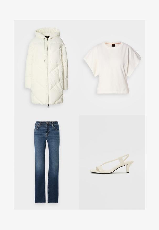 White puffer jacket with a hood, featuring a quilted diamond pattern, front zipper closure, and drawstrings. Smooth texture and relaxed fit.; White cropped T-shirt, short wide sleeves, soft cotton material, round neckline with subtle orange trim, minimal design, no patterns or graphics.; Dark blue denim jeans with a straight leg design, high waist, subtle fading, five pockets, and metal button closure.; Beige block-heeled sandals with thin straps and a square toe. Smooth material with minimal detailing, designed for easy wear.