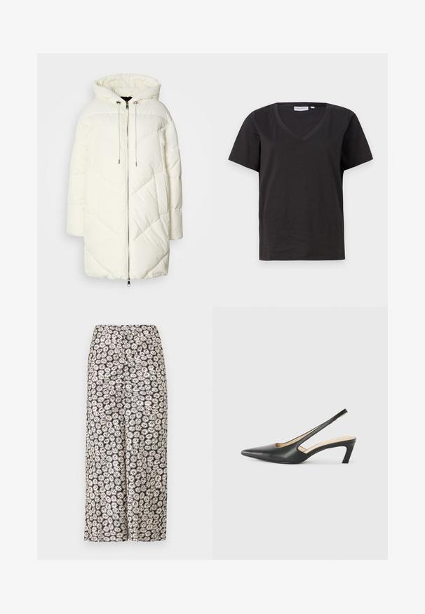 Biała kurtka puchowa z kapturem, z pikowanym wzorem w romby, z zamkiem błyskawicznym z przodu oraz sznureczkami. Gładka tekstura i luźny krój.; Czarna bawełniana koszulka z dekoltem w serek i krótkimi rękawami. Prosty design o regularnym kroju bez wzorów ani dodatków.; Kwiatowe spodnie o szerokich nogawkach z czarnym tłem, białymi stokrotkami i czerwonymi akcentami, wykonane z lekkiego materiału o gładkiej teksturze.; Czarny but na obcasie typu slingback z ostro zakończonym noskiem, z niskim obcasem, wykonany z gładkiej skóry, z wycięciem po boku dla lepszej wentylacji.