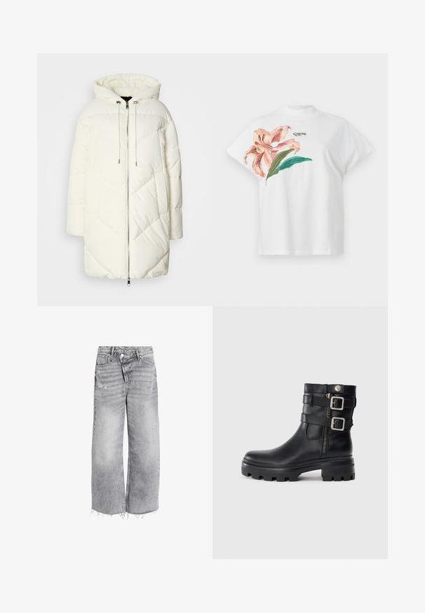 Fehér pufi dzseki kapucnival, steppelt gyémántmintával, elöl cipzárral és húzózsinórokkal. Sima felszín és laza szabás.; Fehér pamut póló rövid ujjakkal, rózsaszín virágmintával és zöld levelekkel a bal oldalon. A "Guess" logó szürkében a minta felett.; Magas derekú, bő szárú farmernadrág világosszürke denim anyagból, melyen kopottas részletek és nyers szárvégek találhatók. Két elülső zseb és gombos zárás.; Fekete bőr bokacsizma dupla csat díszítéssel, cipzáras záródással, vastag talppal és sima textúrával. Jellemzője a robusztus, divatos kialakítás.