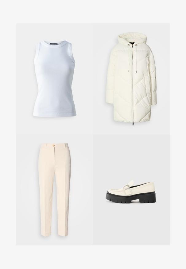 Biała kurtka puchowa z kapturem, z pikowanym wzorem w romby, z zamkiem błyskawicznym z przodu oraz sznureczkami. Gładka tekstura i luźny krój.; Biała bezrękawnikowa bluzka z prążkowanej tkaniny, z okrągłym dekoltem i dopasowanym krojem. Gładka tekstura, bez widocznych wzorów czy akcentów.; Kremowe, wysokie spodnie wykonane z teksturowanej tkaniny. Posiadają zapięcie na guzik z przodu oraz zwężające się nogawki.; Białe skórzane mokasyny z grubą czarną platformą, z prostokątną srebrną klamrą i widocznym przeszyciem na cholewce.