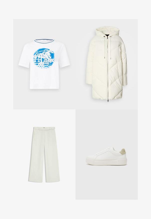 White puffer jacket with a hood, featuring a quilted diamond pattern, front zipper closure, and drawstrings. Smooth texture and relaxed fit.; White cotton t-shirt featuring a blue graphic design with tropical elements and the word "VACANCES," short sleeves, and a crew neckline.; Wide-leg pants in light cream fabric, featuring side pockets, a flat front, and a single button closure at the waist. Smooth texture.; White sneaker with a smooth leather upper, light grey suede heel accent, and a chunky white rubber sole. Features a lace-up design.