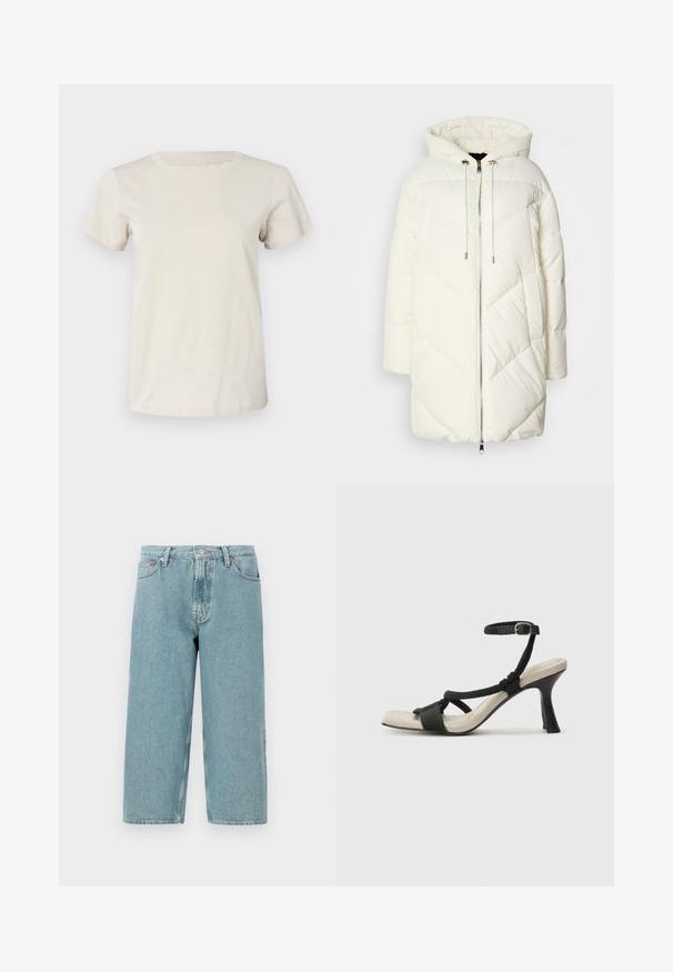 Chaqueta de plumas blanca con capucha, que presenta un patrón de diamantes acolchado, cierre frontal con cremallera y cordones. Textura suave y ajuste relajado.; Camiseta de algodón de manga corta color beige claro con cuello redondo y un sutil detalle de texto en la parte delantera. Textura suave y corte relajado.; Pantalones cortos de mezclilla azul claro con cintura alta, corte recto y dobladillo sin acabar. Cuenta con un cierre clásico de botón y cremallera, y cuatro bolsillos.; Sanda¡ía de tacón negro con diseño de tira trenzada, punta cuadrada y correa ajustable en el tobillo. Plantilla de color beige claro con un tacón negro brillante.