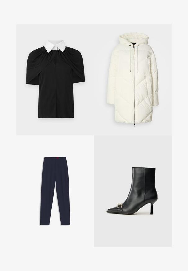 Giacca puffer bianca con cappuccio, caratterizzata da un motivo a rombi trapuntato, chiusura con zip frontale e stringhe di regolazione. Texture liscia e vestibilità comoda.; Camisetta nera con colletto bianco, caratterizzata da un design drappeggiato, maniche corte e un'apertura a chiave sul davanti. Tessuto morbido, vestibilità casual.; Pantaloni su misura blu navy con una texture liscia, dotati di pieghe frontali e tasche laterali. Design a gamba dritta e senza decorazioni visibili.; Stivale alla caviglia in pelle nera con punta affusolata, tacco sottile di media altezza e dettaglio in fibbia argentata sul lato, su sfondo semplice.