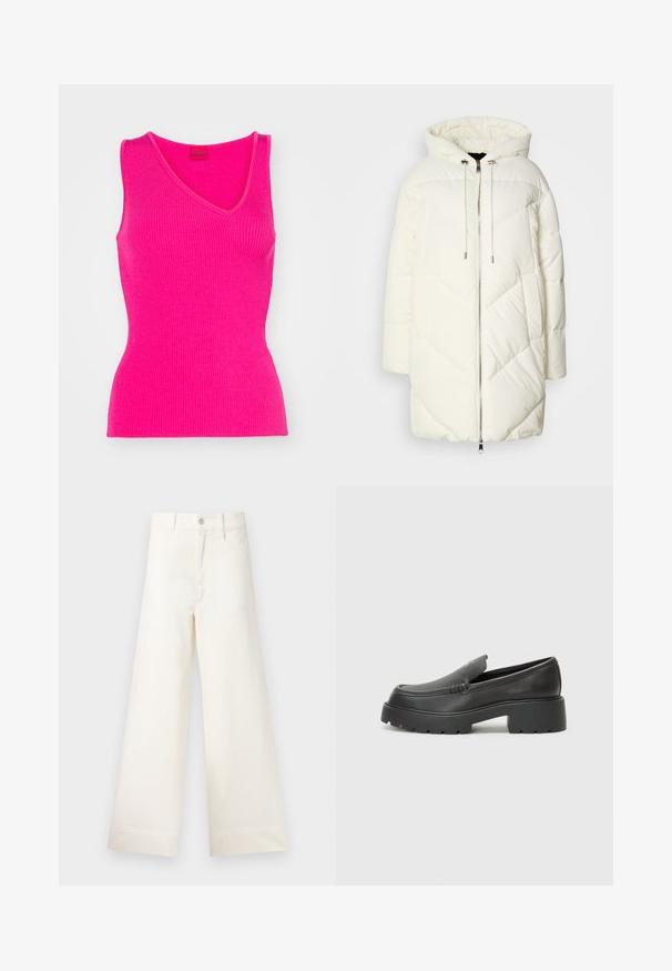 White puffer jacket with a hood, featuring a quilted diamond pattern, front zipper closure, and drawstrings. Smooth texture and relaxed fit.; HUGO SHARPIN - Top - bright pink; Wide-leg trousers in light beige cotton. Features a high waist, front pockets, and a straight cut. Clean hem finishing without patterns.; Black leather loafers with a rounded toe, thick textured sole, and minimal stitching details. Sleek design with no visible laces or hardware.