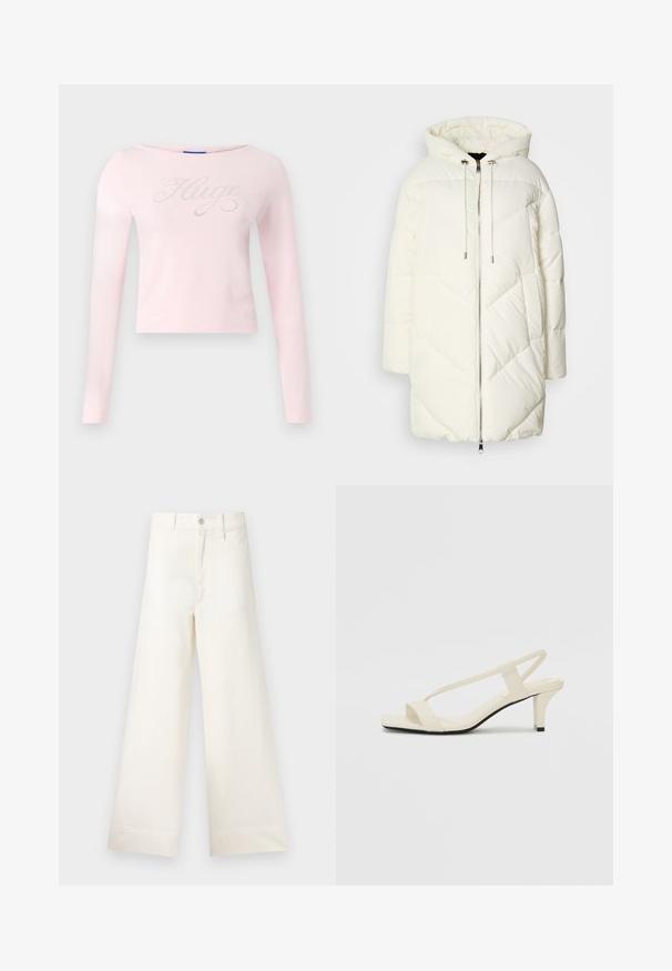 Hvit puffjakke med hette, med et quiltet diamantmønster, frontlukking med glidelås og snorer. Jevn tekstur og avslappet passform.; Langermet, rosa bomullstopp med rund halslinning og metallisk "Hugo" tekstdesign med subtile glitter over fronten.; Vide bukser i lys beige bomull. Har høy midje, frontlommer og rett passform. Renslig søm uten mønstre.; Beige blokk-høydesandaler med tynne stropper og firkantet tå. Glatt materiale med minimale detaljer, designet for enkel bruk.