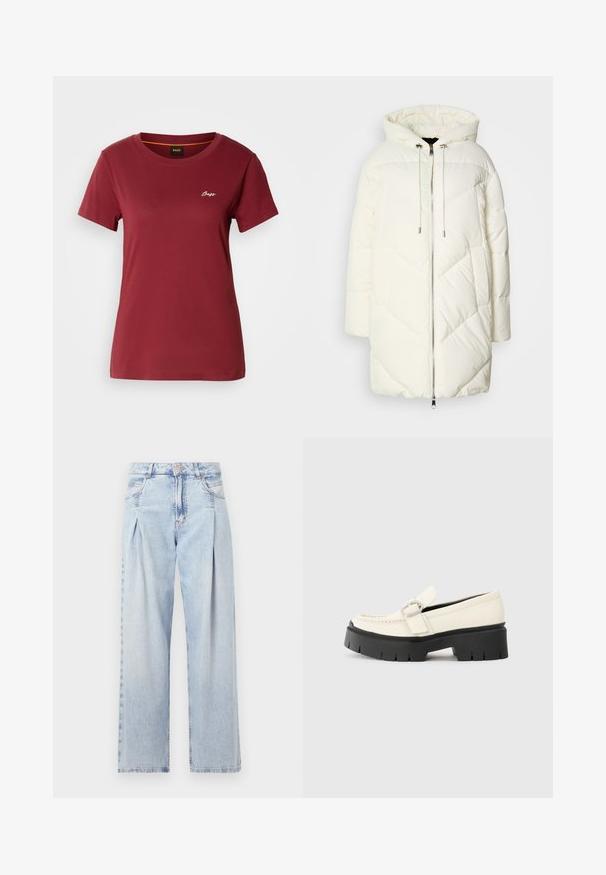 Jachetă pufoasă albă cu glugă, având un model cu diamant matlasat, închidere cu fermoar în față și șnururi de ajustare. Textură netedă și croială relaxată.; Tricou burgund cu mânecă scurtă, realizat din bumbac moale, având guler rotund și un mic logo alb "Boss" pe piept.; Jeans din denim albastru deschis cu talie înaltă, croială evazată, două buzunare laterale și un design pliat. Textură moale cu un finisaj decolorat.; Lofer alb din piele, cu o talpă platformă masivă neagră, având o cataramă rectangulară din argint și detalii vizibile de cusătură pe partea superioară.