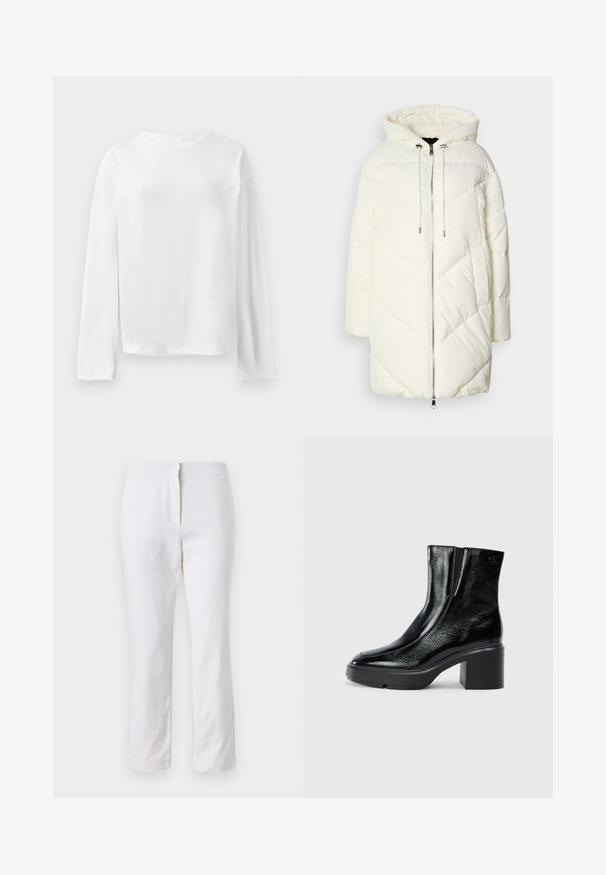 White puffer jacket with a hood, featuring a quilted diamond pattern, front zipper closure, and drawstrings. Smooth texture and relaxed fit.; White long-sleeve T-shirt, made of soft cotton, features a crew neckline, relaxed fit, and slightly dropped shoulders. No visible patterns or accents.; White cotton pants with a straight leg design, featuring a mid-rise waist and no visible hardware or patterns. Smooth texture throughout.; Black patent leather ankle boots with a curved toe, elastic side panels, and a chunky block heel. Features embossed logo on the back.
