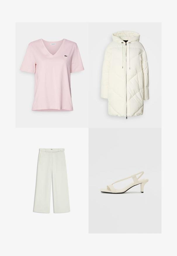 White puffer jacket with a hood, featuring a quilted diamond pattern, front zipper closure, and drawstrings. Smooth texture and relaxed fit.; Light pink cotton t-shirt with a v-neck and short sleeves, featuring a small green embroidered crocodile logo on the left chest.; Wide-leg pants in light cream fabric, featuring side pockets, a flat front, and a single button closure at the waist. Smooth texture.; Beige block-heeled sandals with thin straps and a square toe. Smooth material with minimal detailing, designed for easy wear.