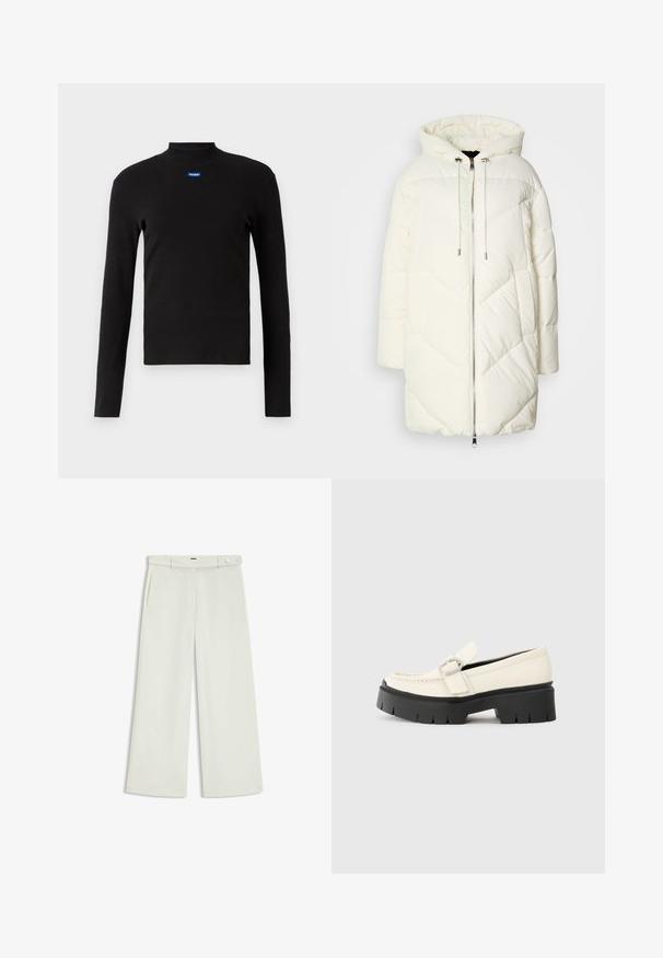Vit puffjacka med huva, med ett kviltat diamantmönster, dragkedjestängning fram och snoddar. Slät textur och avslappnad passform.; HUGO EASY LONGSLEEVE - Långärmad tröja - schwarz; Vita byxor i ljus krämig tyg, med sidofickor, platt fram och en enda knappstängning vid midjan. Slät struktur.; Vit läder loafför med en kraftig svart platåsoffa, som har ett rektangulärt silverspänne och synlig sömdekoration på ovansidan.