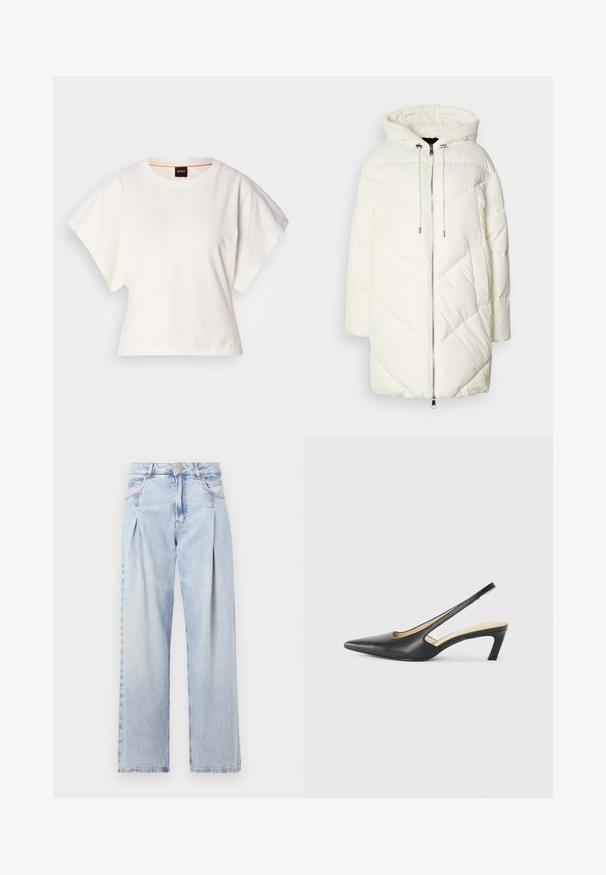 Fehér pufi dzseki kapucnival, steppelt gyémántmintával, elöl cipzárral és húzózsinórokkal. Sima felszín és laza szabás.; Fehér, rövid, bő ujjú, crop szabású póló, puha pamut anyagból, kerek nyakkivágással, finom narancssárga díszítéssel, minimalista dizájn, minta vagy grafika nélkül.; Világoskék farmernadrág magas derekú, bő szabású, két oldalsó zsebbel és pliszírozott dizájnnal. Puha tapintású, elhalványított felület.; Fekete, hegyes orrú, slingback cipő alacsony sarkával, sima bőrből készült, oldalt kivágott deisgnal a légáteresztőképesség érdekében.