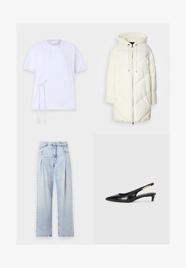 Witte pufferjack met capuchon, voorzien van een gewatteerd ruitpatroon, sluiting met een ritssluiting aan de voorkant en koordjes. Glad materiaal en een relaxte pasvorm.; Lichtblauw katoenen t-shirt met korte mouwen, ronde halslijn en een strikdetail aan de zijkant. Zachte textuur en casual pasvorm.; Lichtblauwe denim jeans met een hoge taille, wijde pijpen, twee zijzakken en geplooid ontwerp. Zachte textuur met een vervaagd uiterlijk.; Zwarte leren slingback hakken met een spitse neus, voorzien van een slanke hak en een goudkleurige accent op de verstelbare band. Gladde textuur.