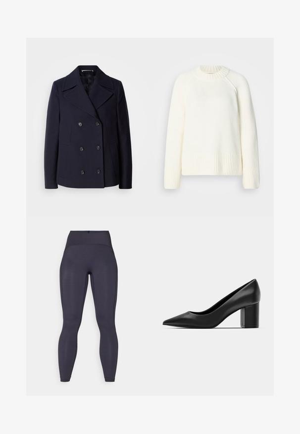 Tengerész navy gyapjú peacoat, dupla gombos kialakítással, nagy kivágott hajtókákkal, fekete gombokkal és oldalsó zsebekkel. Sima textúra és szabott illeszkedés.; Krém színű pulóver bordázott nyakkivágással és mandzsettákkal. Puha, texturált anyagból készült. Laza szabással és raglán ujjakkal rendelkezik.; Magas derekú, sötétszürke leggings, sima, rugalmas anyagból, oldalsó varrással és bokanyílásokkal, látható logók vagy minták nélkül.; Fekete bőr bokapumpa hegyes orral és vastag négyzetes sarkal. Simaságot árasztó textúra, letisztult design, alkalmas formális környezetekhez.