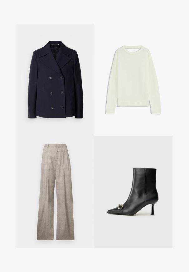 Mørkeblå uld pea coat med dobbeltbrystet design, store slagkraver, sorte knapper og sidelommer. Glat tekstur og skræddersyet pasform.; Lys cremesweater med rund hals, lange ærmer, ribbet kant og en blød tekstur. Ingen mønstre eller synlige hardware-detaljer.; Lys grå, bredbenede bukser med et subtilt hundetandmønster, folder, bæltestropper og en glat tekstur.; Sort læder ankelstøvle med spidse tæer, slank hæl i mellemhøjde og sølvspænde detaljer på siden mod en ensfarvet baggrund.