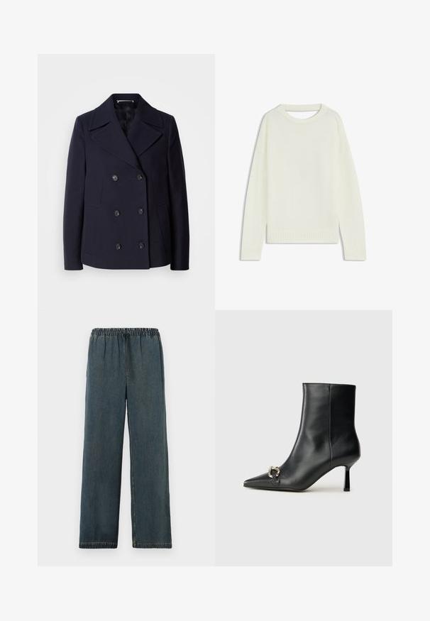 Navy wool pea coat with a double-breasted design, large notched lapels, black buttons, and side pockets. Smooth texture and tailored fit.; Light cream sweater featuring a round neck, long sleeves, ribbed hem, and a soft texture. No patterns or visible hardware details.; Dark blue denim trousers with an elastic waistband and drawstring. Wide leg design with finished hems and a smooth, textured surface.; Black leather ankle boot with pointed toe, slim mid-height heel, and silver buckle detail on side against plain background.
