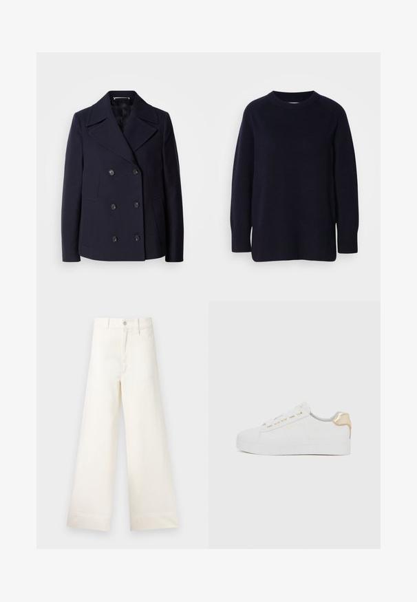 Cappotto da marinaio in lana blu navy con design doppiopetto, ampie rever, bottoni neri e tasche laterali. Tessuto liscio e vestibilità sartoriale.; Maglione girocollo a maniche lunghe di un blu navy scuro, con una texture morbida e lavorata a maglia, e polsini e orlo a coste, su uno sfondo grigio chiaro.; Pantaloni a gamba larga in cotone beige chiaro. Caratterizzati da vita alta, tasche anteriori e un taglio dritto. Orlo pulito senza motivi.; Sneaker bianca con finitura in suede testurizzato, suola piatta, occhielli dorati e un accento dorato sul tallone. Design semplice e minimalista.